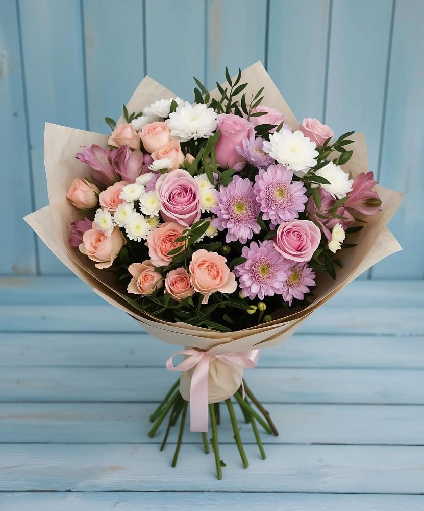 Букет цветов из: Хризантемы, Розы и Альстромерии в Бредах
