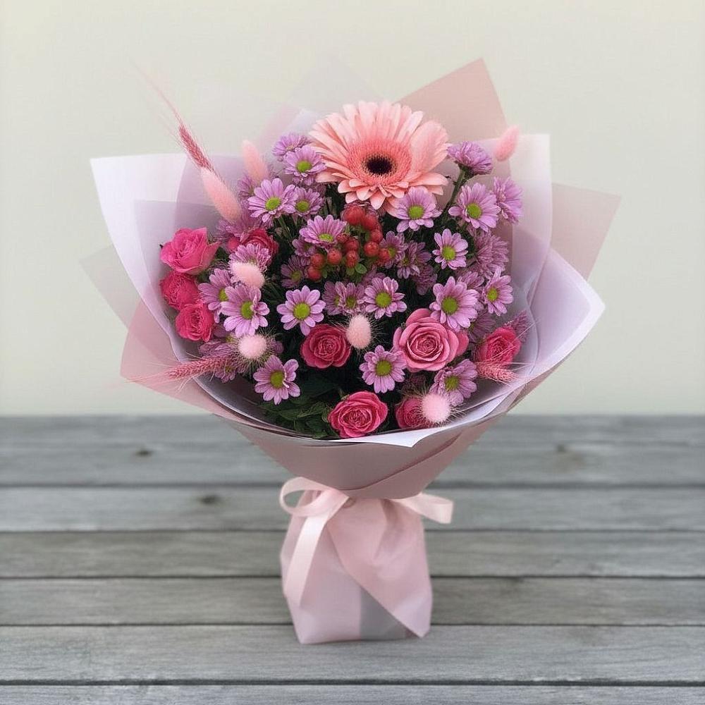 Букет цветов из: Розы, Герберы и Хризантемы в Бредах