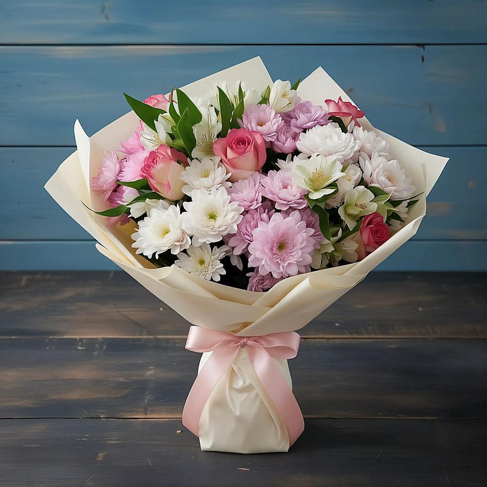 Букет цветов из: Хризантемы, Альстромерии и Розы в Бредах